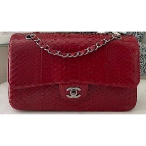 Chanel Womens Red Python Leather Classic Double Flap Jumbo Handbag